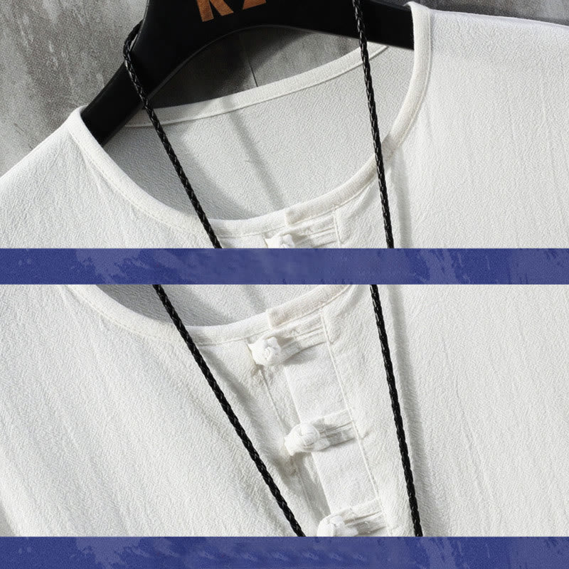 Buddha Stones Frog-Button Einfarbig Chinesischer Tang-Anzug Halbarmhemd Leinen Herrenbekleidung - image 2