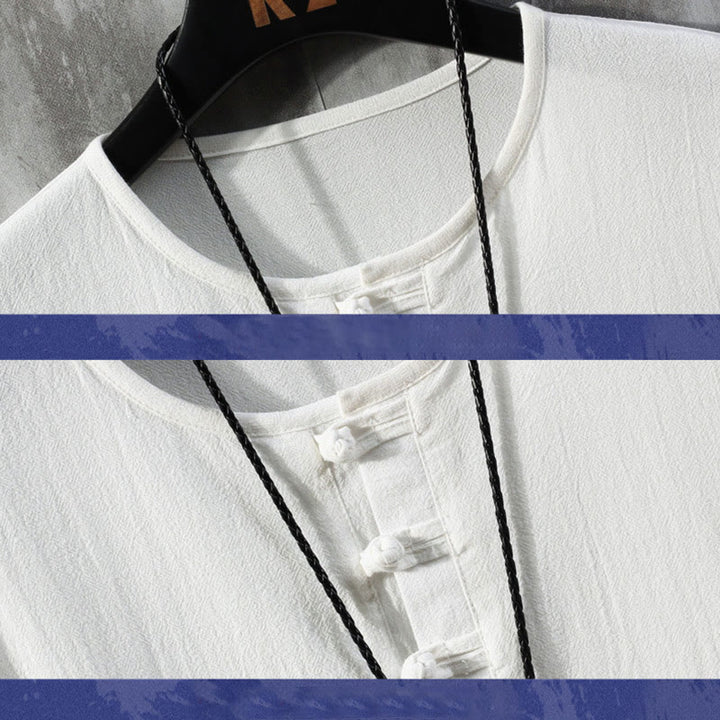 Buddha Stones Frog-Button Einfarbig Chinesischer Tang-Anzug Halbarmhemd Leinen Herrenbekleidung - image 2