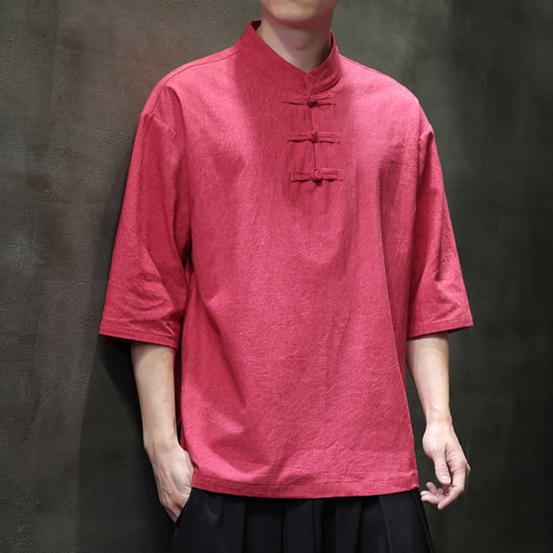 Buddha Stones Herren-Tang-Anzug mit chinesischem Froschknopf, halblange Ärmel, Baumwollleinenhemd - Lachs - US/ UK/AU46, EU56 (5XL)  - image 12