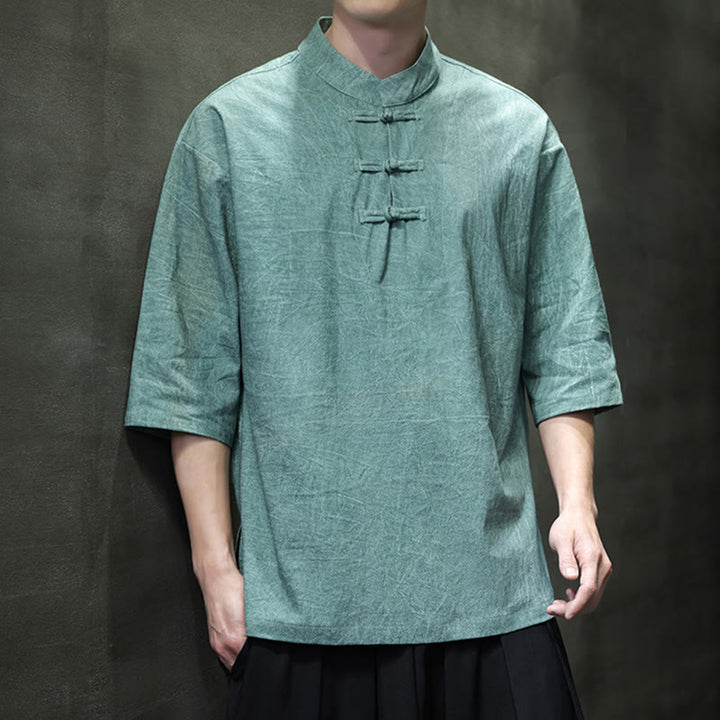 Buddha Stones Herren-Tang-Anzug mit chinesischem Froschknopf, halblange Ärmel, Baumwollleinenhemd - Mittelaquamarin - US/ UK/AU46, EU56 (5XL)  - image 5