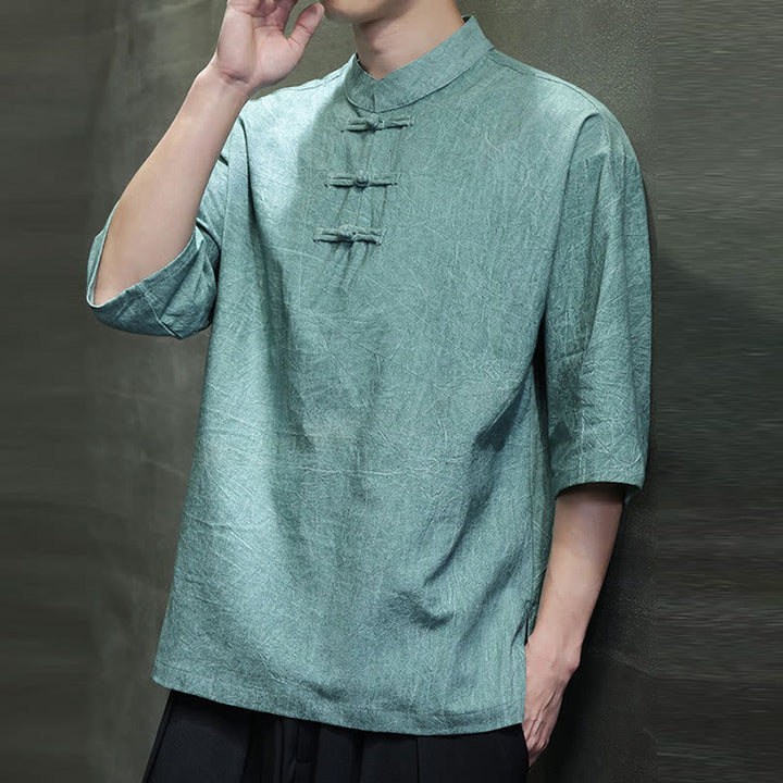 Buddha Stones Herren-Tang-Anzug mit chinesischem Froschknopf, halblange Ärmel, Baumwollleinenhemd - image 9