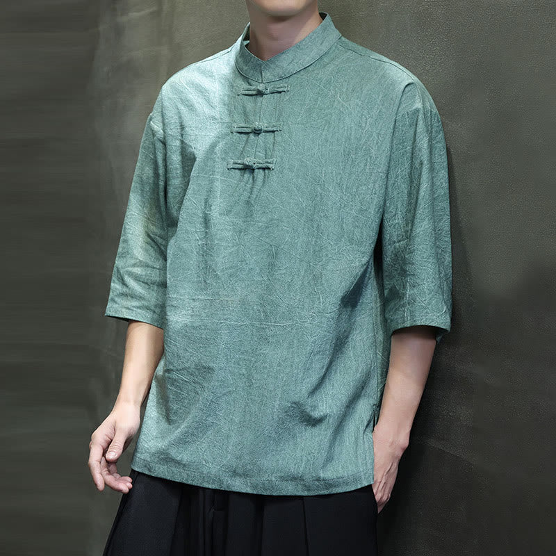 Buddha Stones Herren-Tang-Anzug mit chinesischem Froschknopf, halblange Ärmel, Baumwollleinenhemd - image 11