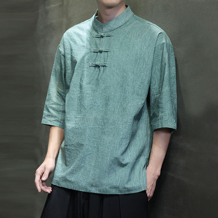 Buddha Stones Herren-Tang-Anzug mit chinesischem Froschknopf, halblange Ärmel, Baumwollleinenhemd - image 11
