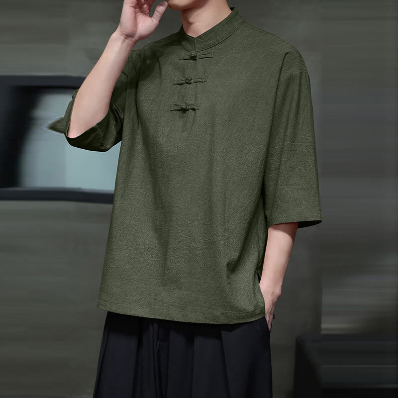 Buddha Stones Herren-Tang-Anzug mit chinesischem Froschknopf, halblange Ärmel, Baumwollleinenhemd - image 2