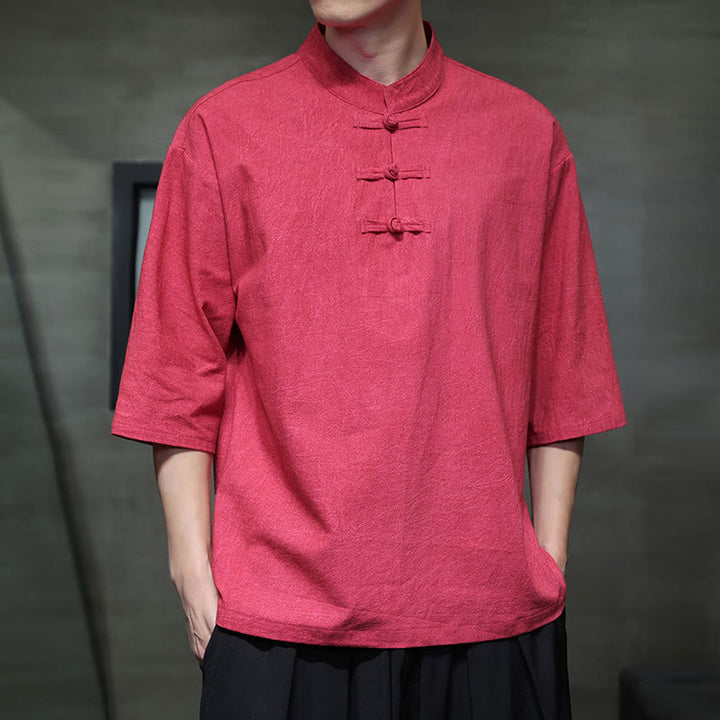 Buddha Stones Herren-Tang-Anzug mit chinesischem Froschknopf, halblange Ärmel, Baumwollleinenhemd - image 16