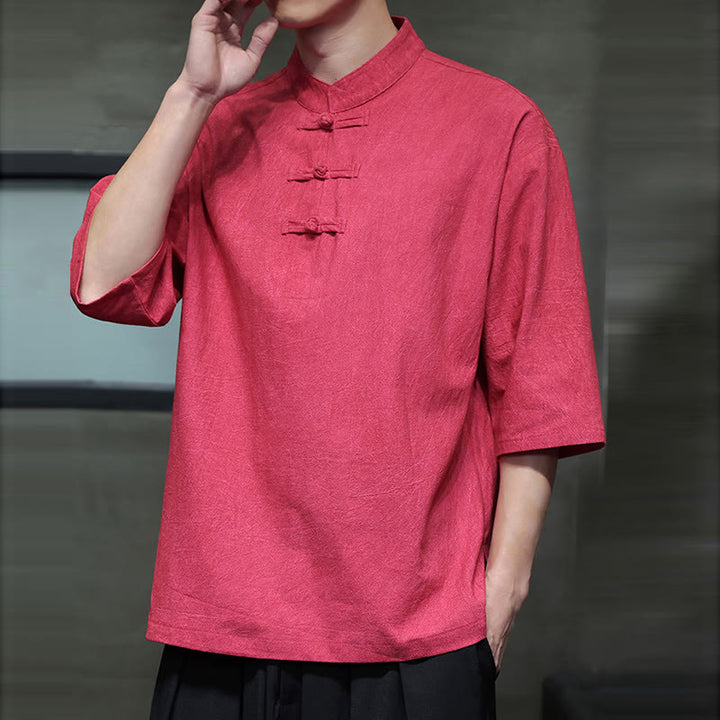 Buddha Stones Herren-Tang-Anzug mit chinesischem Froschknopf, halblange Ärmel, Baumwollleinenhemd - image 18