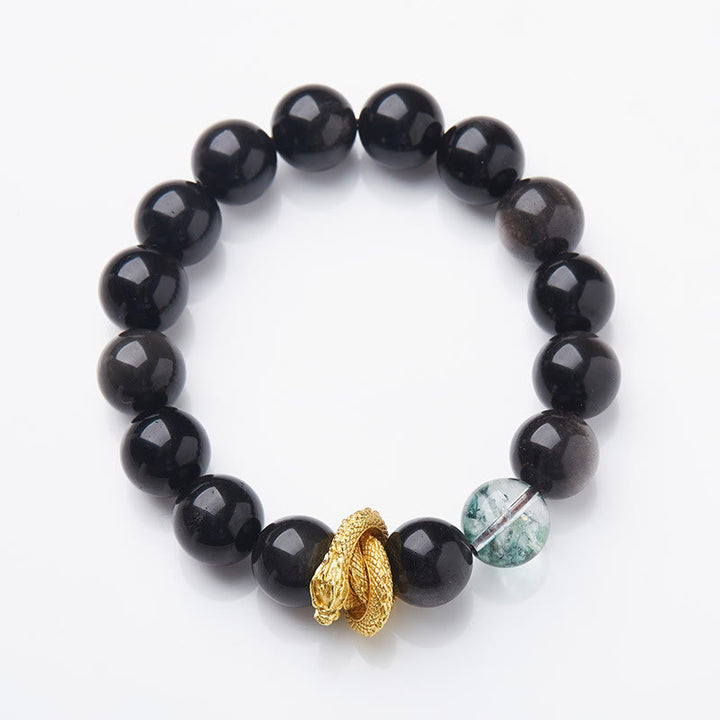 Buddha Stones Armband mit natürlichem Silberglanz, Obsidian, Drache, grünes Phantom