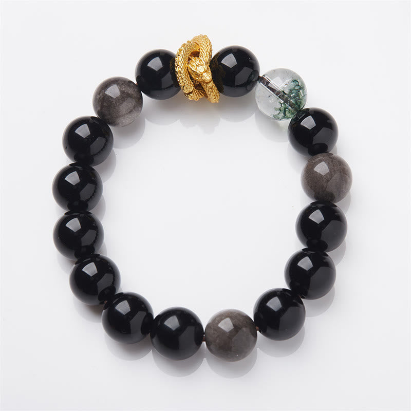 Buddha Stones Armband mit natürlichem Silberglanz, Obsidian, Drache, grünes Phantom