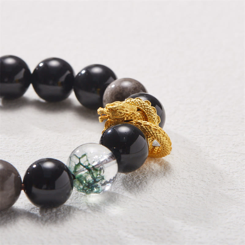 Buddha Stones Armband mit natürlichem Silberglanz, Obsidian, Drache, grünes Phantom