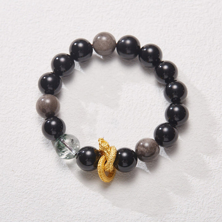 Buddha Stones Armband mit natürlichem Silberglanz, Obsidian, Drache, grünes Phantom