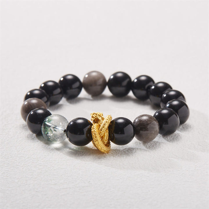 Buddha Stones Armband mit natürlichem Silberglanz, Obsidian, Drache, grünes Phantom