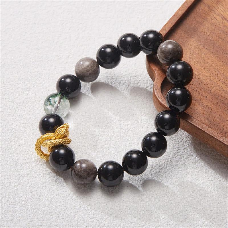 Buddha Stones Armband mit natürlichem Silberglanz, Obsidian, Drache, grünes Phantom