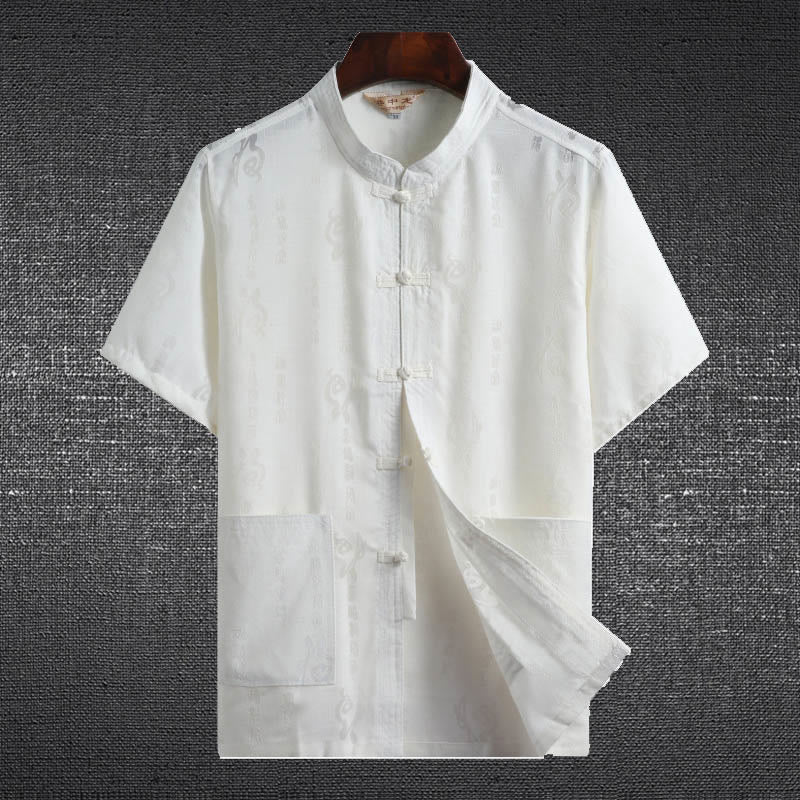 Buddha-Steine, Frosch-Knopf, Fu-Charakter, Drache, Bambusblatt, chinesischer Tang-Anzug, kurzärmeliges Hemd aus Leinen mit Taschen - Weiß - Fu-Charakter - US/ UK/AU46，EU56 (4XL)  - image 3