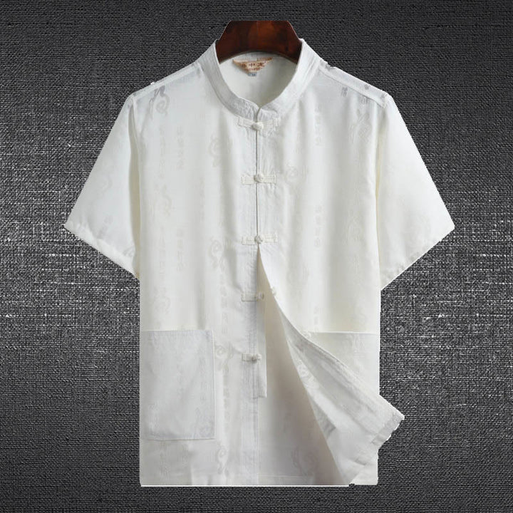 Buddha-Steine, Frosch-Knopf, Fu-Charakter, Drache, Bambusblatt, chinesischer Tang-Anzug, kurzärmeliges Hemd aus Leinen mit Taschen - Weiß - Fu-Charakter - US/ UK/AU46，EU56 (4XL)  - image 3
