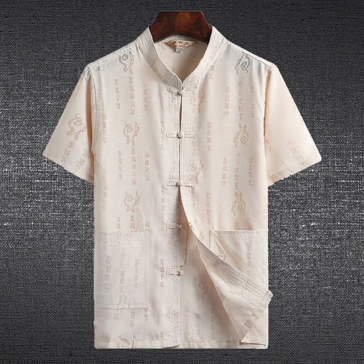 Buddha-Steine, Frosch-Knopf, Fu-Charakter, Drache, Bambusblatt, chinesischer Tang-Anzug, kurzärmeliges Hemd aus Leinen mit Taschen - Hellgelb - Fu-Charakter - US/ UK/AU46, EU56 (4XL)  - image 0