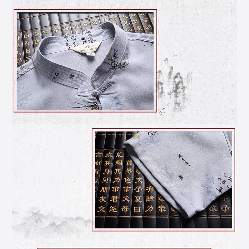 Buddha-Steine, Frosch-Knopf, Fu-Charakter, Drache, Bambusblatt, chinesischer Tang-Anzug, kurzärmeliges Hemd aus Leinen mit Taschen - image 11