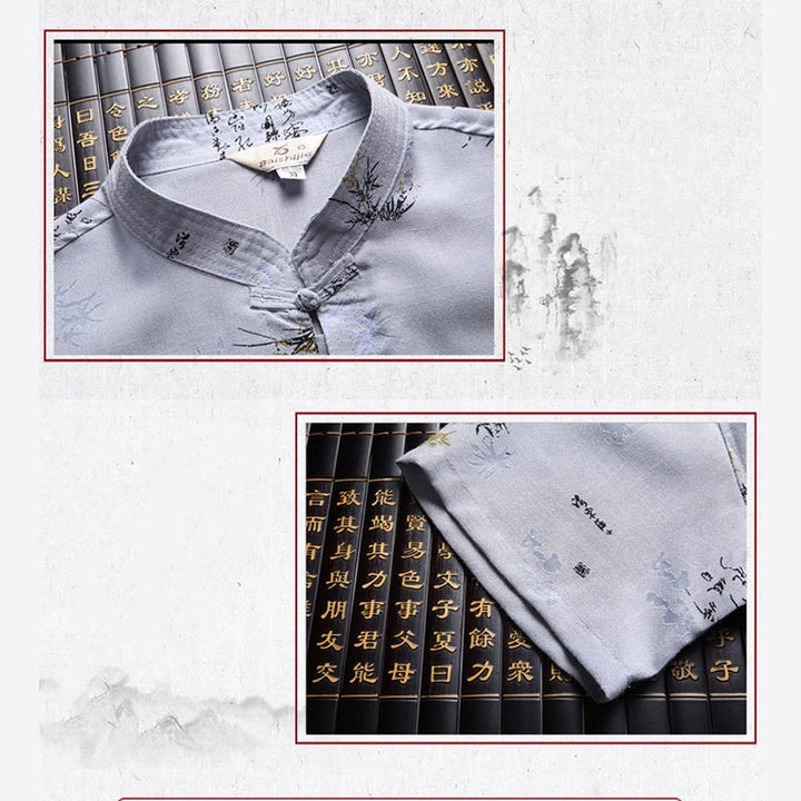 Buddha-Steine, Frosch-Knopf, Fu-Charakter, Drache, Bambusblatt, chinesischer Tang-Anzug, kurzärmeliges Hemd aus Leinen mit Taschen - image 11