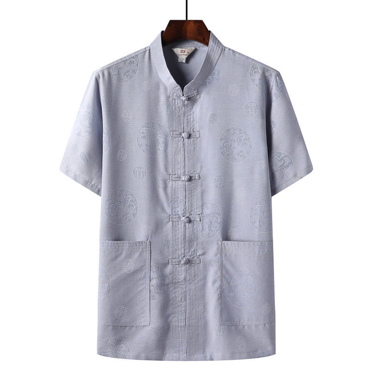 Buddha-Steine, Frosch-Knopf, Fu-Charakter, Drache, Bambusblatt, chinesischer Tang-Anzug, kurzärmeliges Hemd aus Leinen mit Taschen - Hellblau - Drachen - US/ UK/AU46，EU56 (4XL)  - image 7