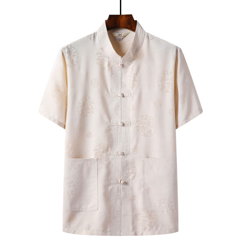 Buddha-Steine, Frosch-Knopf, Fu-Charakter, Drache, Bambusblatt, chinesischer Tang-Anzug, kurzärmeliges Hemd aus Leinen mit Taschen - Hellgelb - Drachen - US/ UK/AU46，EU56 (4XL)  - image 6