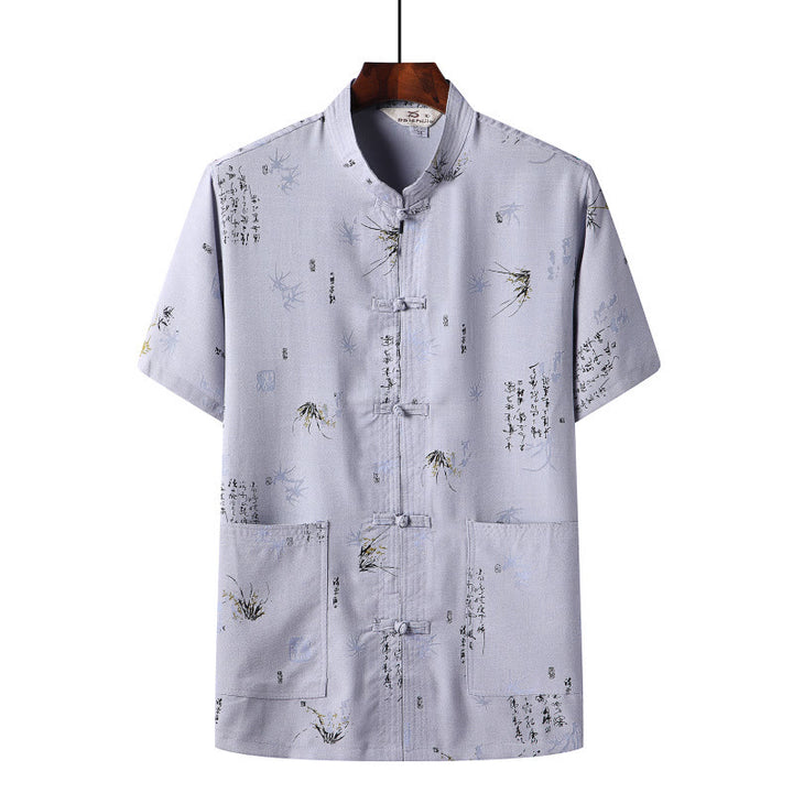 Buddha-Steine, Frosch-Knopf, Fu-Charakter, Drache, Bambusblatt, chinesischer Tang-Anzug, kurzärmeliges Hemd aus Leinen mit Taschen - Hellblau - Bambusblatt - US/ UK/AU46，EU56 (4XL)  - image 10