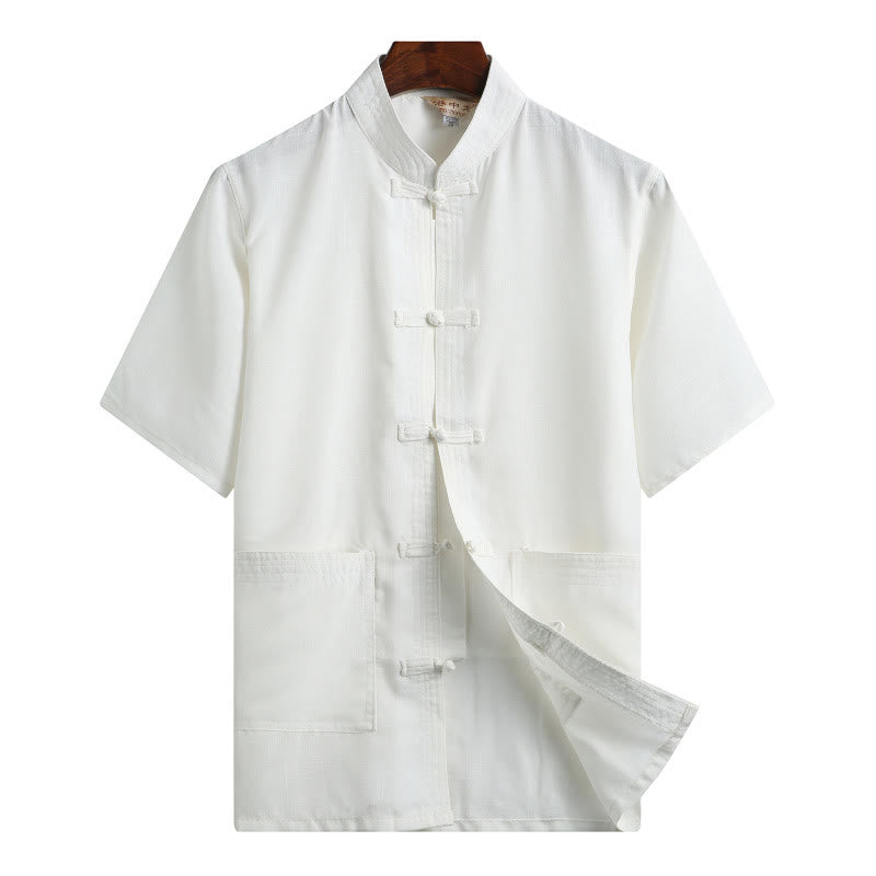 Buddha-Steine, Frosch-Knopf, Fu-Charakter, Drache, Bambusblatt, chinesischer Tang-Anzug, kurzärmeliges Hemd aus Leinen mit Taschen - Weiß - Volltonfarbe - US/ UK/AU46，EU56 (4XL)  - image 16