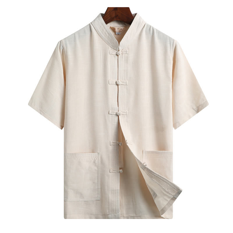 Buddha-Steine, Frosch-Knopf, Fu-Charakter, Drache, Bambusblatt, chinesischer Tang-Anzug, kurzärmeliges Hemd aus Leinen mit Taschen - Hellgelb - Einfarbig - US/UK/AU46, EU56 (4XL) - image 14