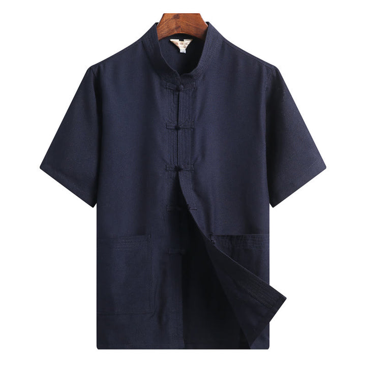 Buddha-Steine, Frosch-Knopf, Fu-Charakter, Drache, Bambusblatt, chinesischer Tang-Anzug, kurzärmeliges Hemd aus Leinen mit Taschen - Stahlblau - Volltonfarbe - US/ UK/AU46，EU56 (4XL)  - image 17