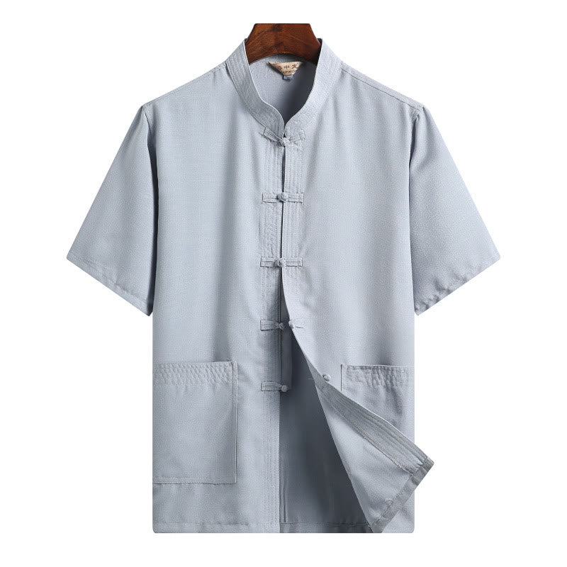 Buddha-Steine, Frosch-Knopf, Fu-Charakter, Drache, Bambusblatt, chinesischer Tang-Anzug, kurzärmeliges Hemd aus Leinen mit Taschen - Hellblau - Volltonfarbe - US/ UK/AU46，EU56 (4XL)  - image 15