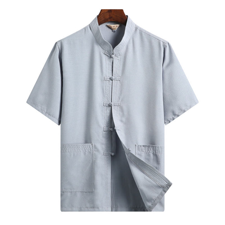 Buddha-Steine, Frosch-Knopf, Fu-Charakter, Drache, Bambusblatt, chinesischer Tang-Anzug, kurzärmeliges Hemd aus Leinen mit Taschen - Hellblau - Volltonfarbe - US/ UK/AU46，EU56 (4XL)  - image 15