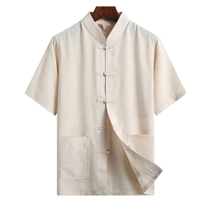 Buddha-Steine, Frosch-Knopf, Fu-Charakter, Drache, Bambusblatt, chinesischer Tang-Anzug, kurzärmeliges Hemd aus Leinen mit Taschen - Hellgelb - Volltonfarbe - US/ UK/AU46，EU56 (4XL)  - image 14
