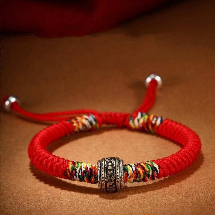 Armband mit Buddha-Steinen, 925er Sterlingsilber, Om Mani Padme Hum, King Kong Knoten, Glaube - Rot (Handgelenkumfang: 14–21 cm) - Om Mani Padme Hum - image 1