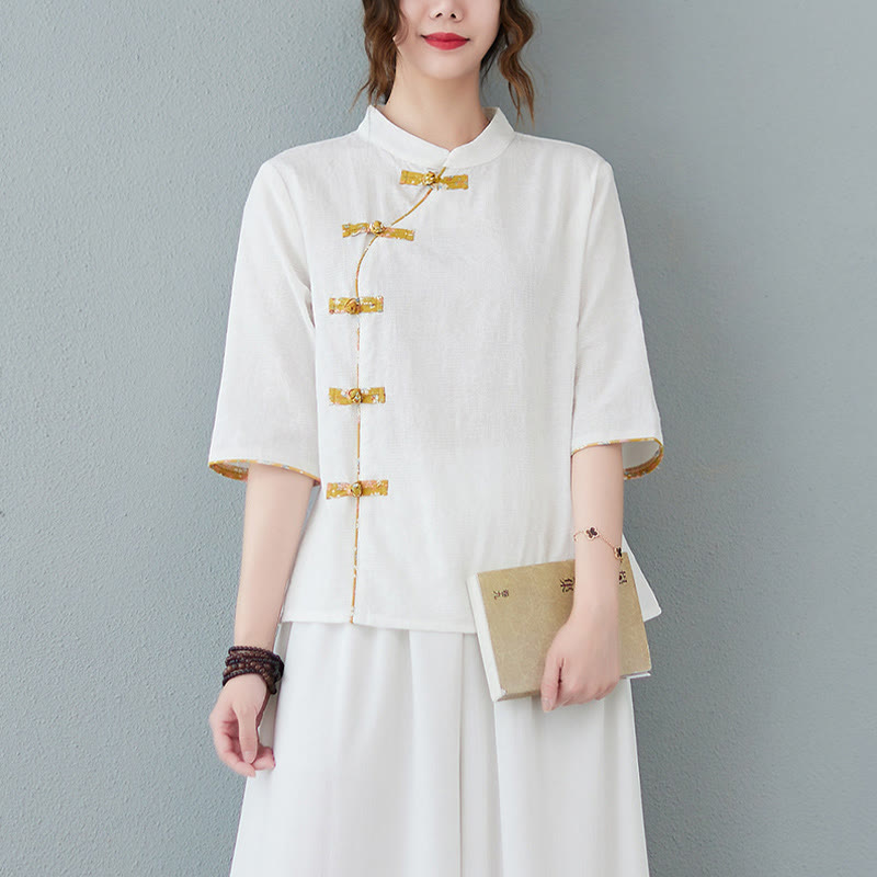 Buddha Stones Blumenmuster Froschknopf Halbarm Baumwollleinenhemd - Weiß - 2XL(Passend für US 8-10; UK/AU 12-14; EU 40-42) - image 3