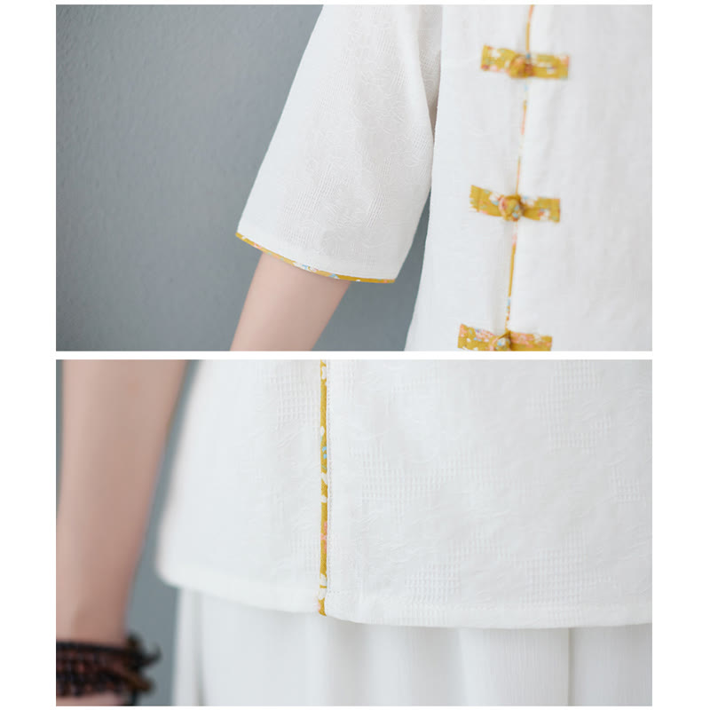 Buddha Stones Blumenmuster Froschknopf Halbarm Baumwollleinenhemd - image 5