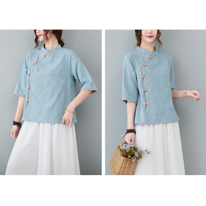 Buddha Stones Blumenmuster Froschknopf Halbarm Baumwollleinenhemd - image 9