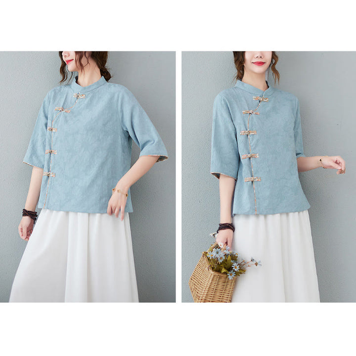 Buddha Stones Blumenmuster Froschknopf Halbarm Baumwollleinenhemd - image 9