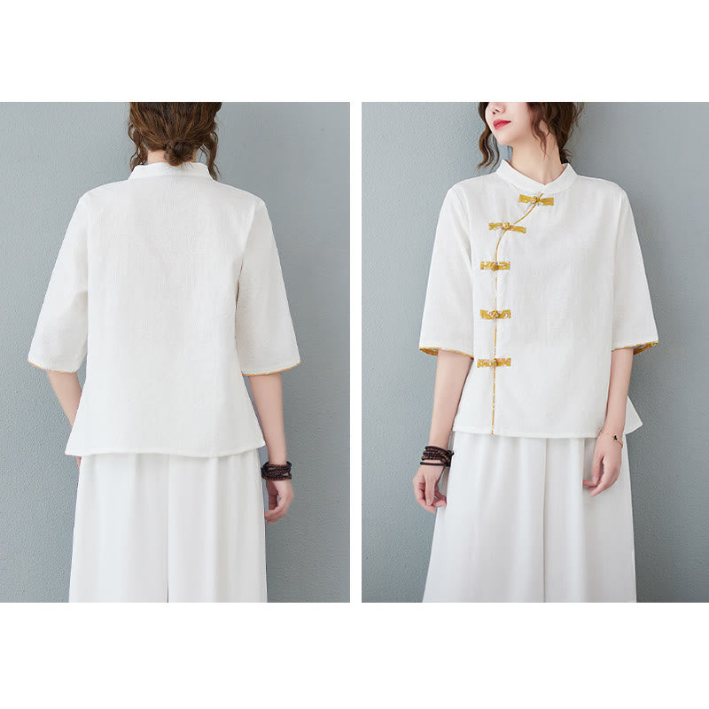 Buddha Stones Blumenmuster Froschknopf Halbarm Baumwollleinenhemd - image 6