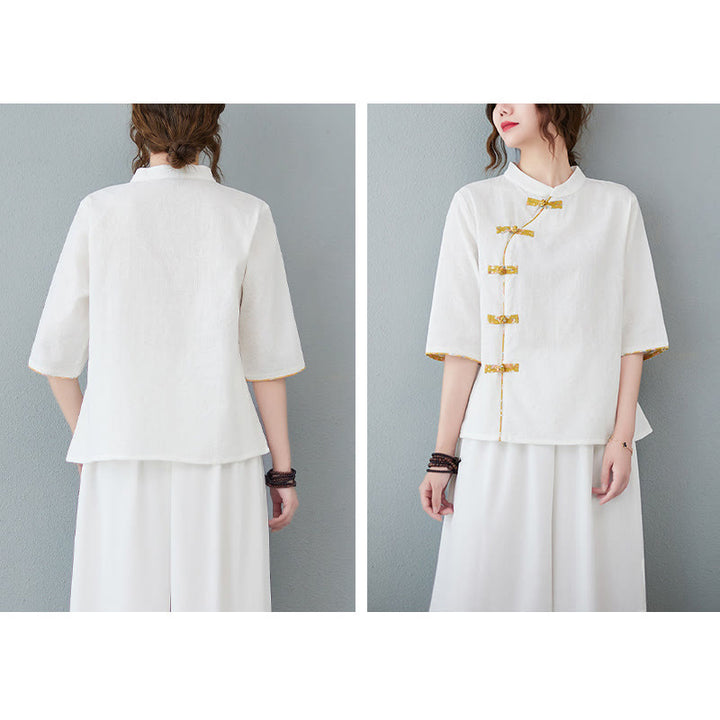 Buddha Stones Blumenmuster Froschknopf Halbarm Baumwollleinenhemd - image 6