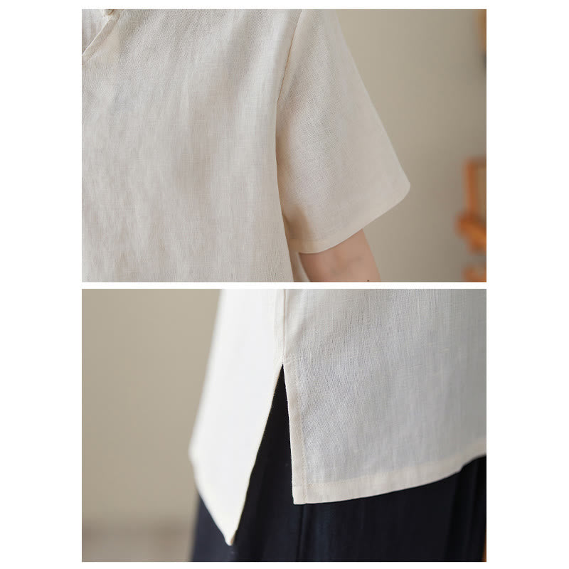 Buddha Stones Einfarbiges Kurzarmhemd aus Baumwollleinen mit Froschknöpfen - image 5