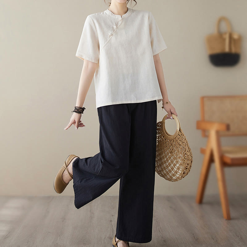 Buddha Stones Einfarbiges Kurzarmhemd aus Baumwollleinen mit Froschknöpfen - image 6