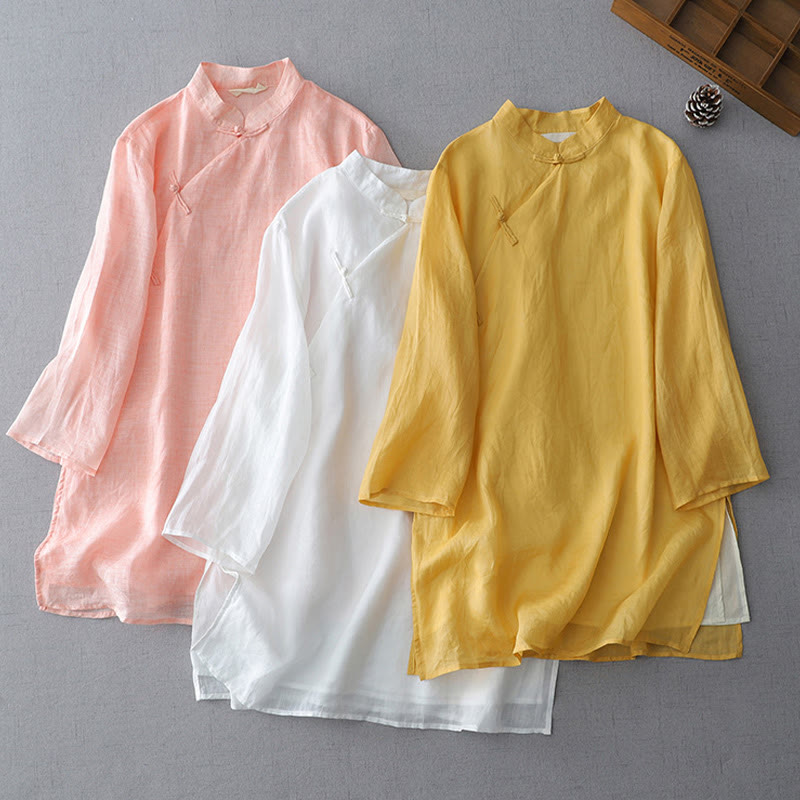 Buddha Stones Einfarbiges, doppellagiges Baumwoll-Leinen-Hemd mit Froschknöpfen und Dreiviertelärmeln - image 0