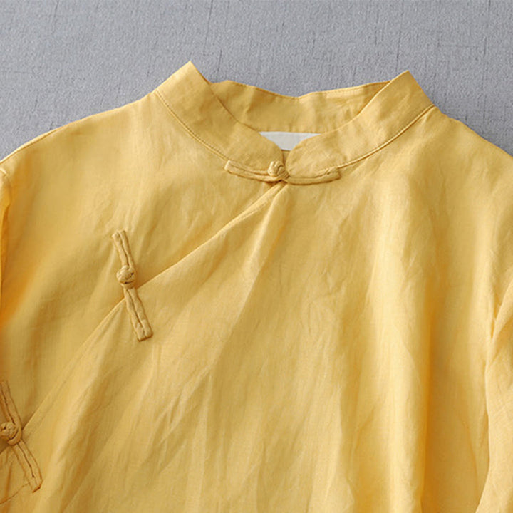 Buddha Stones Einfarbiges, doppellagiges Baumwoll-Leinen-Hemd mit Froschknöpfen und Dreiviertelärmeln - image 8