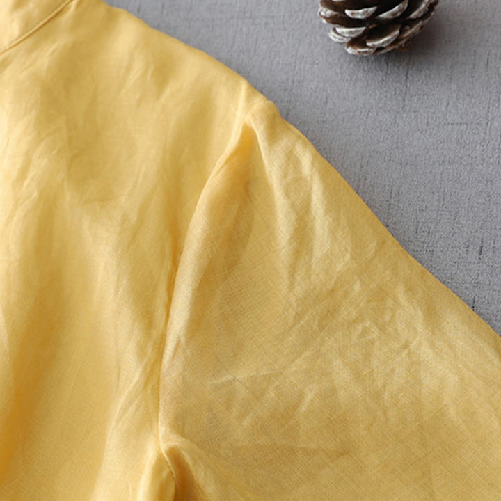 Buddha Stones Einfarbiges, doppellagiges Baumwoll-Leinen-Hemd mit Froschknöpfen und Dreiviertelärmeln - image 11