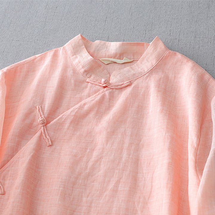 Buddha Stones Einfarbiges, doppellagiges Baumwoll-Leinen-Hemd mit Froschknöpfen und Dreiviertelärmeln - image 19