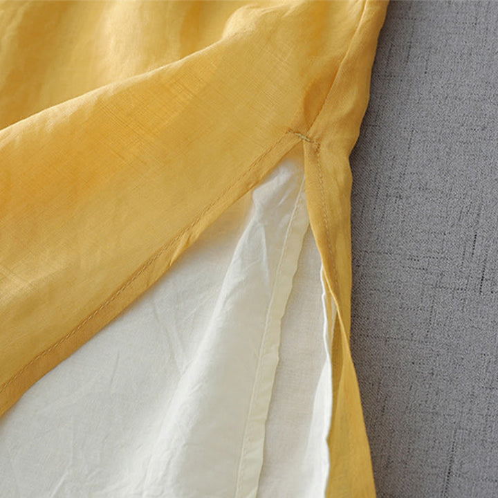 Buddha Stones Einfarbiges, doppellagiges Baumwoll-Leinen-Hemd mit Froschknöpfen und Dreiviertelärmeln - image 13