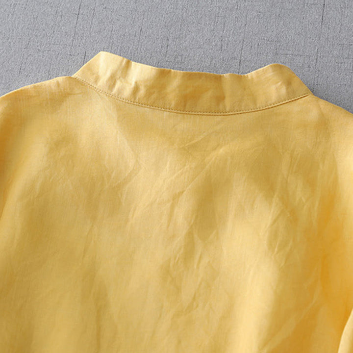 Buddha Stones Einfarbiges, doppellagiges Baumwoll-Leinen-Hemd mit Froschknöpfen und Dreiviertelärmeln - image 16