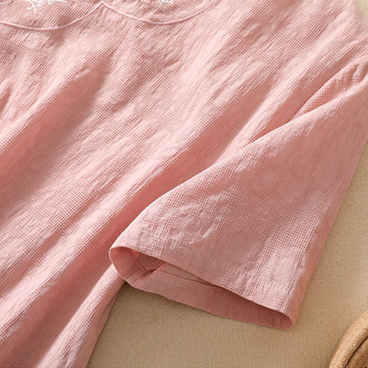 Kurzärmliges Baumwoll-Leinen-Hemd mit Buddha-Steine-Pflaumenblüten-Stickerei und Froschknopf - image 8