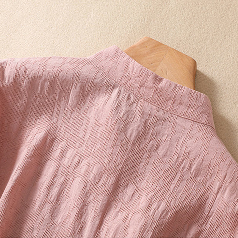 Kurzärmliges Baumwoll-Leinen-Hemd mit Buddha-Steine-Pflaumenblüten-Stickerei und Froschknopf - image 4