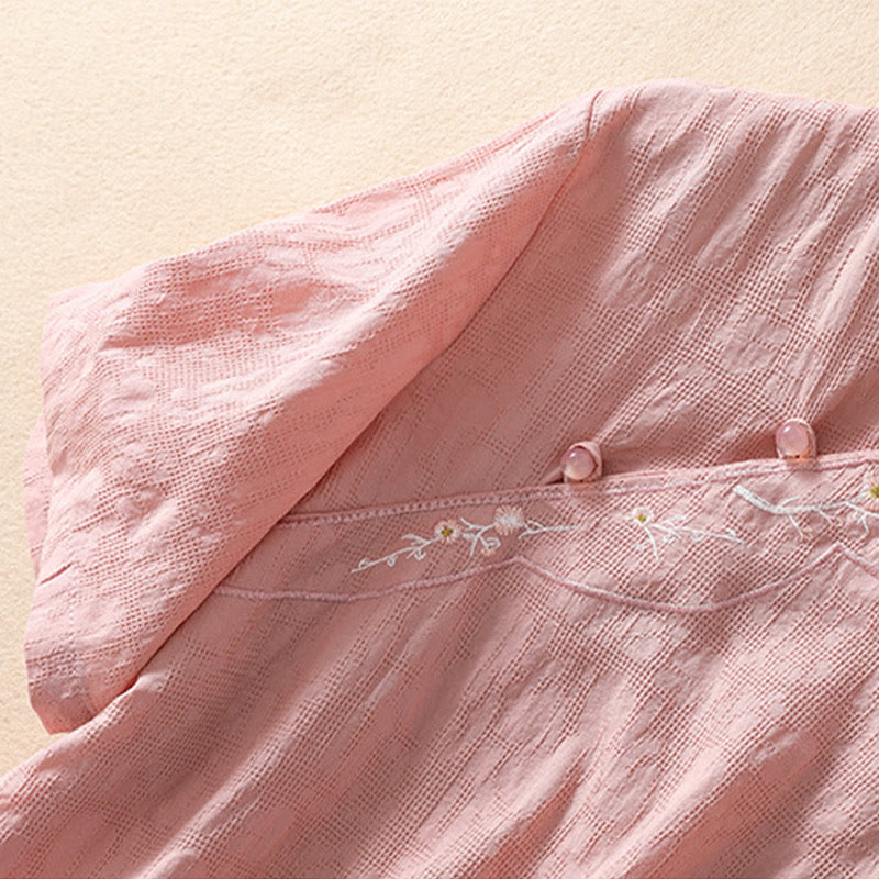 Kurzärmliges Baumwoll-Leinen-Hemd mit Buddha-Steine-Pflaumenblüten-Stickerei und Froschknopf - image 5