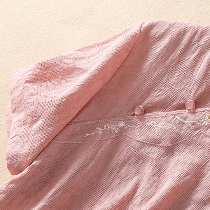 Kurzärmliges Baumwoll-Leinen-Hemd mit Buddha-Steine-Pflaumenblüten-Stickerei und Froschknopf - image 5