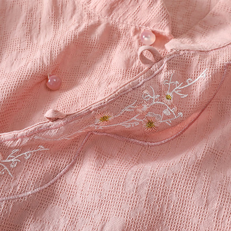 Kurzärmliges Baumwoll-Leinen-Hemd mit Buddha-Steine-Pflaumenblüten-Stickerei und Froschknopf - image 7